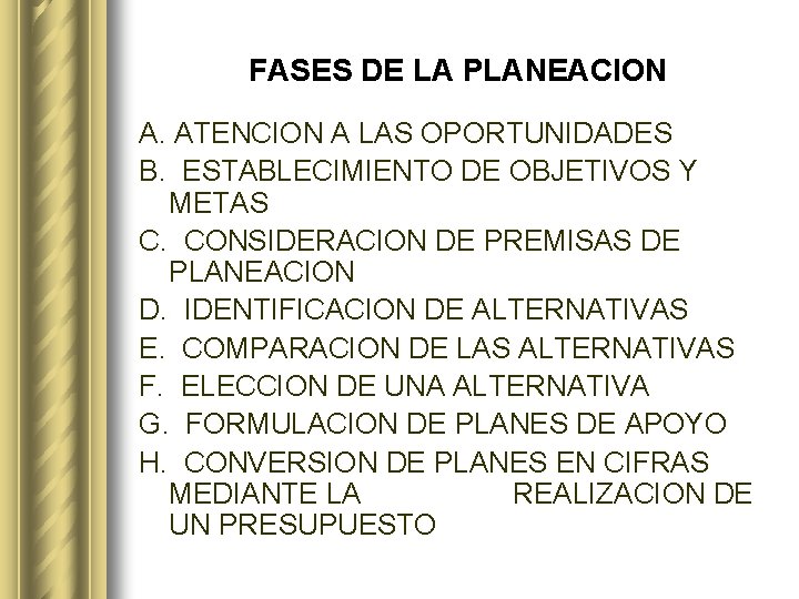 FASES DE LA PLANEACION A. ATENCION A LAS OPORTUNIDADES B. ESTABLECIMIENTO DE OBJETIVOS Y