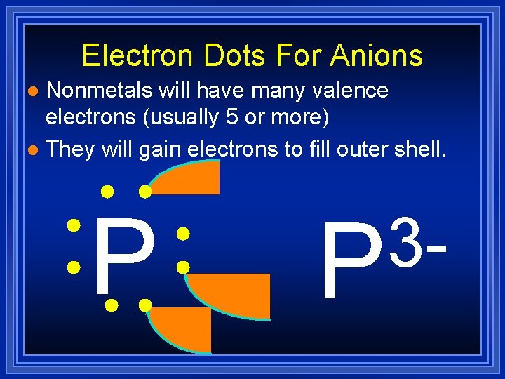 Electron Dots For Anions Nonmetals will have many valence electrons (usually 5 or more)