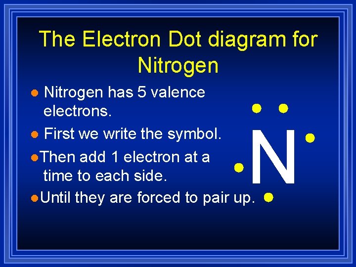 The Electron Dot diagram for Nitrogen has 5 valence electrons. l First we write