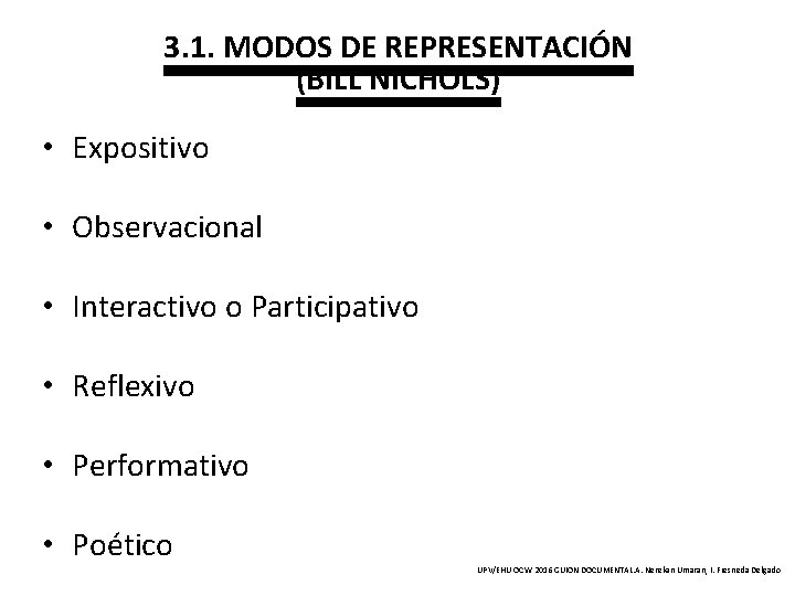 3. 1. MODOS DE REPRESENTACIÓN (BILL NICHOLS) • Expositivo • Observacional • Interactivo o