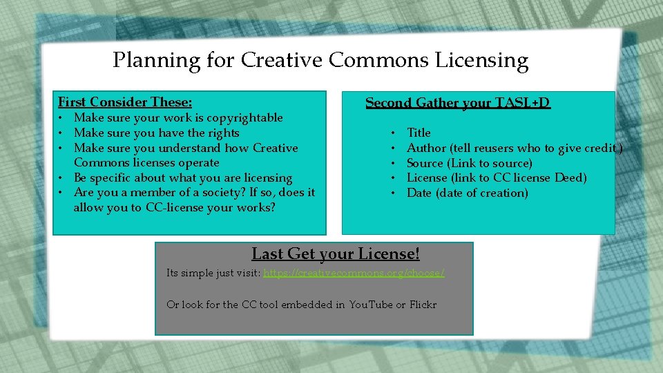 Planning for Creative Commons Licensing First Consider These: • Make sure your work is