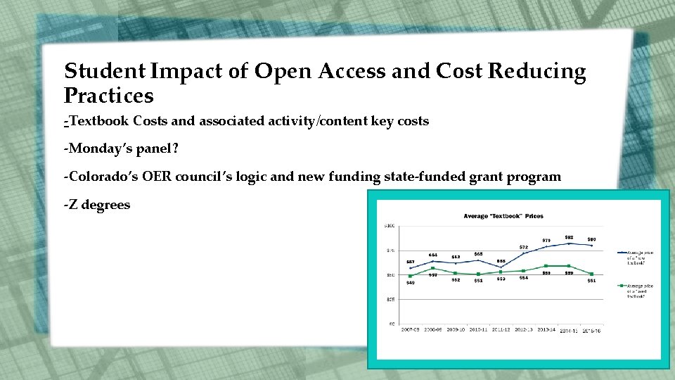 Student Impact of Open Access and Cost Reducing Practices -Textbook Costs and associated activity/content