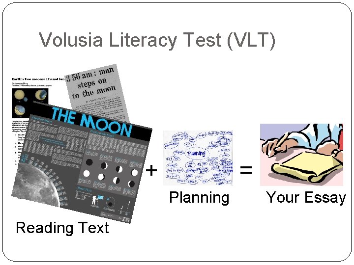 Volusia Literacy Test (VLT) + = Planning Reading Text Your Essay 