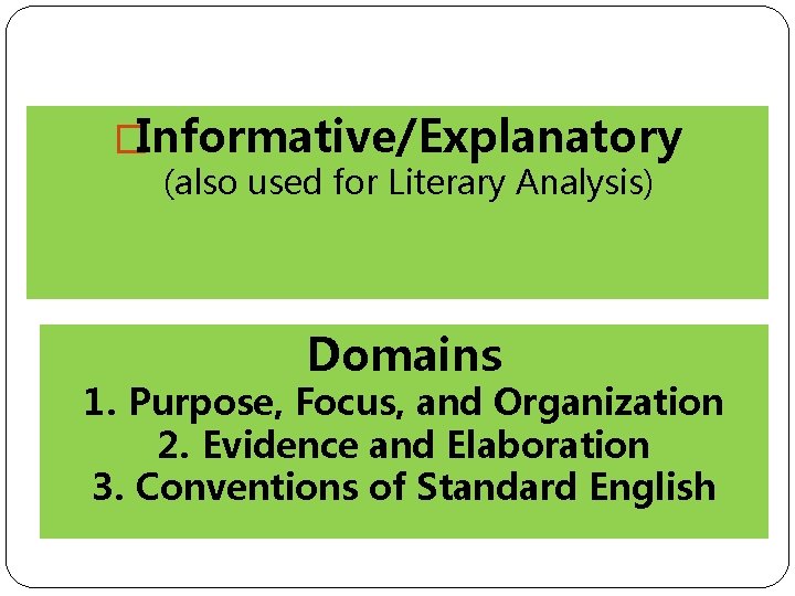 �Informative/Explanatory (also used for Literary Analysis) Domains 1. Purpose, Focus, and Organization 2. Evidence