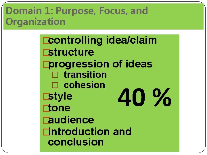 Domain 1: Purpose, Focus, and Organization �controlling idea/claim �structure �progression of ideas � transition