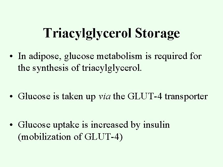 Triacylglycerol Storage • In adipose, glucose metabolism is required for the synthesis of triacylglycerol.