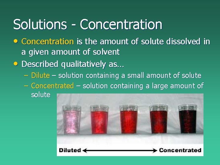 Solutions - Concentration • Concentration is the amount of solute dissolved in • a Solutions - Concentration • Concentration is the amount of solute dissolved in • a
