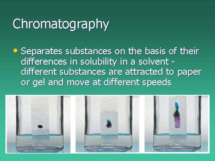 Chromatography • Separates substances on the basis of their differences in solubility in a Chromatography • Separates substances on the basis of their differences in solubility in a