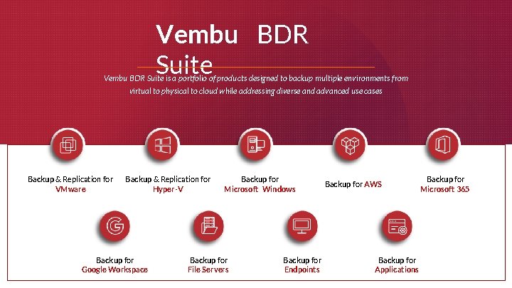 Vembu BDR Suite is a portfolio of products designed to backup multiple environments from