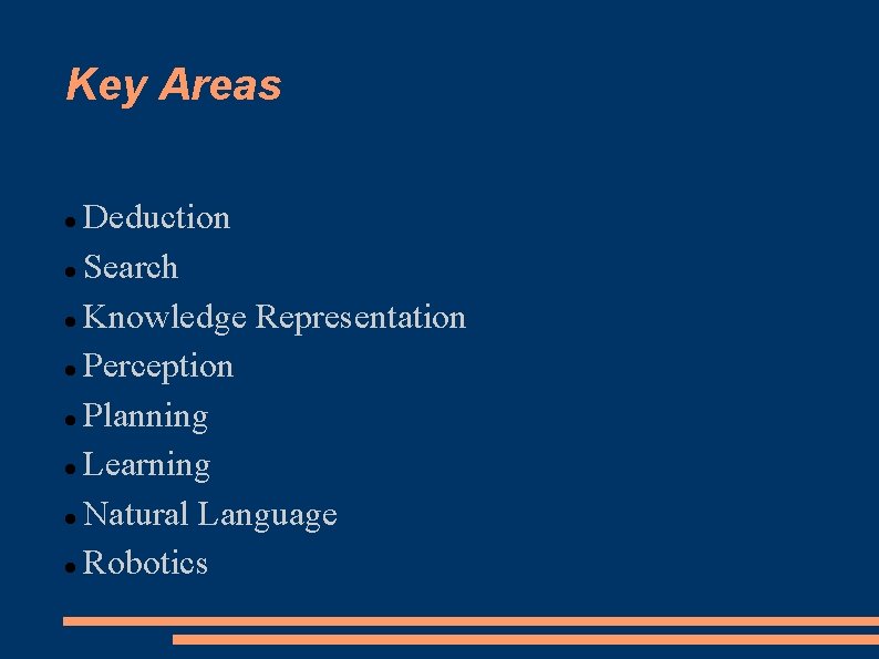 Key Areas Deduction Search Knowledge Representation Perception Planning Learning Natural Language Robotics 