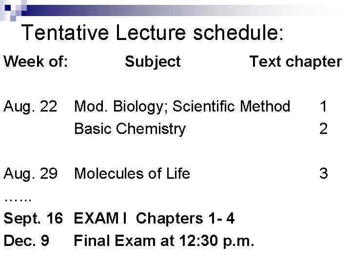 Tentative Lecture schedule: Week of: Aug. 22 Subject Text chapter Mod. Biology; Scientific Method