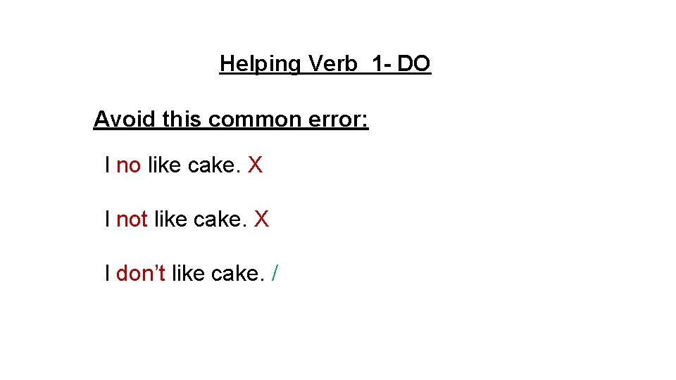 Helping Verb 1 - DO Avoid this common error: I no like cake. X
