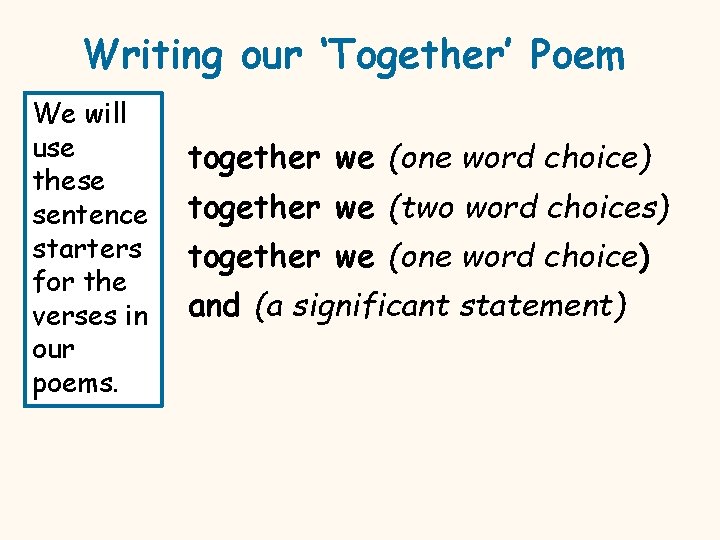 Writing our ‘Together’ Poem We will use these sentence starters for the verses in
