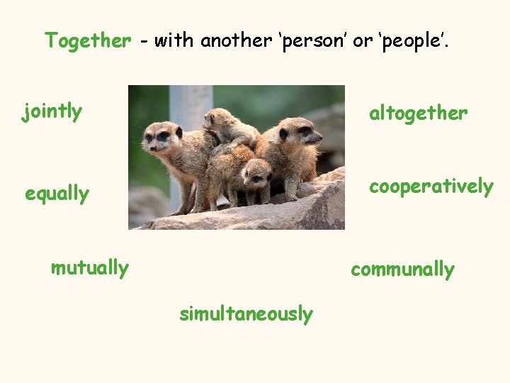 Together - with another ‘person’ or ‘people’. jointly altogether equally cooperatively mutually communally simultaneously