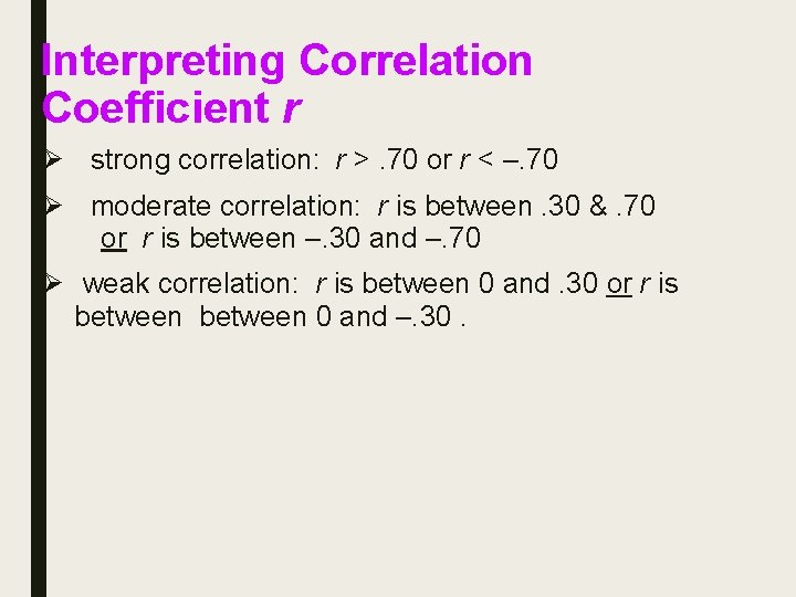 Interpreting Correlation Coefficient r Ø strong correlation: r >. 70 or r < –.