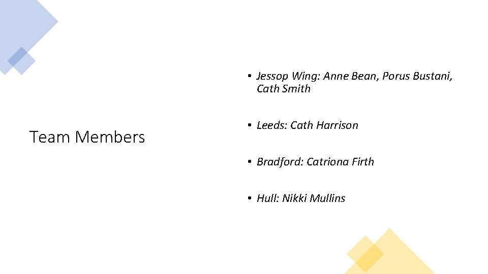  • Jessop Wing: Anne Bean, Porus Bustani, Cath Smith Team Members • Leeds: