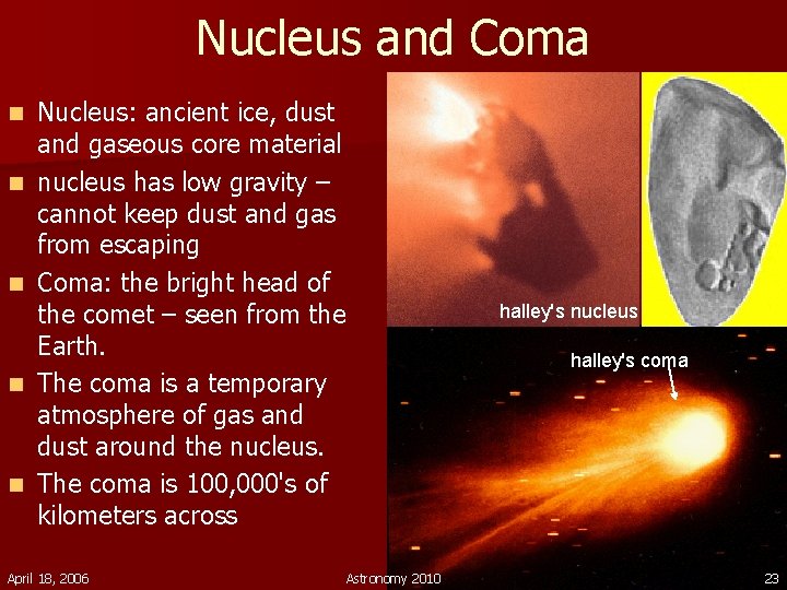 Nucleus and Coma n n n Nucleus: ancient ice, dust and gaseous core material