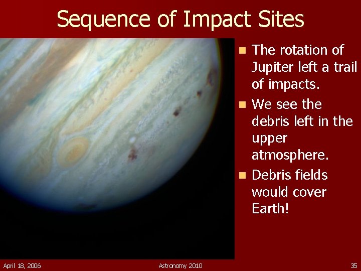 Sequence of Impact Sites The rotation of Jupiter left a trail of impacts. n