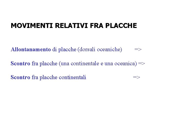 MOVIMENTI RELATIVI FRA PLACCHE Allontanamento di placche (dorsali oceaniche) => Scontro fra placche (una