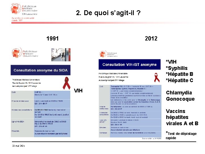 2. De quoi s’agit-il ? 1991 2012 *VIH *Syphilis *Hépatite B *Hépatite C VIH