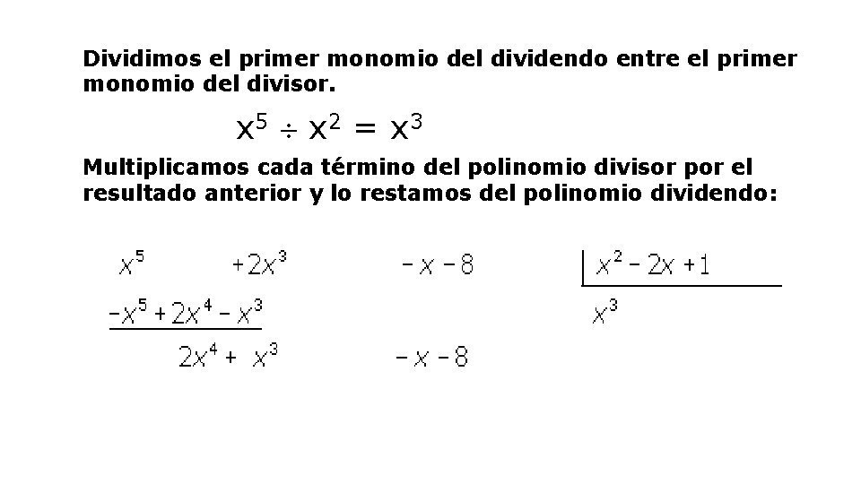 Dividimos el primer monomio del dividendo entre el primer monomio del divisor. x 5