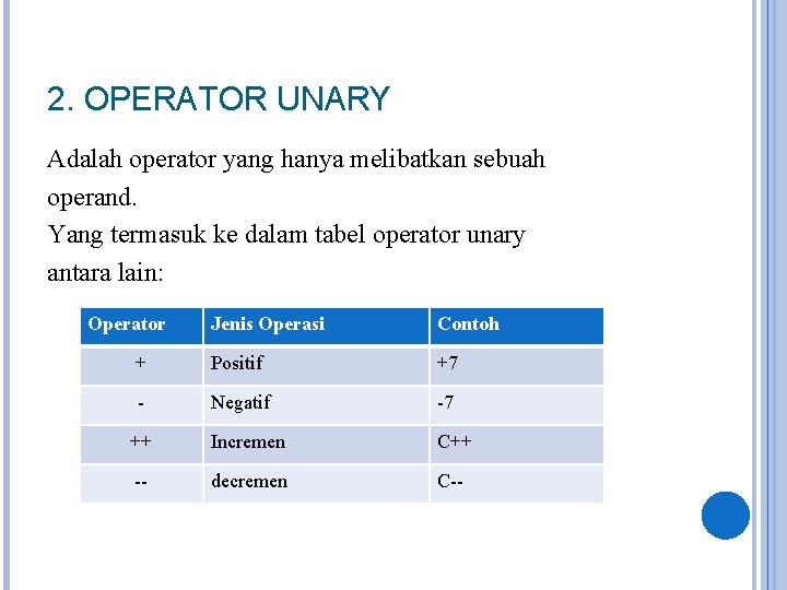 2. OPERATOR UNARY Adalah operator yang hanya melibatkan sebuah operand. Yang termasuk ke dalam