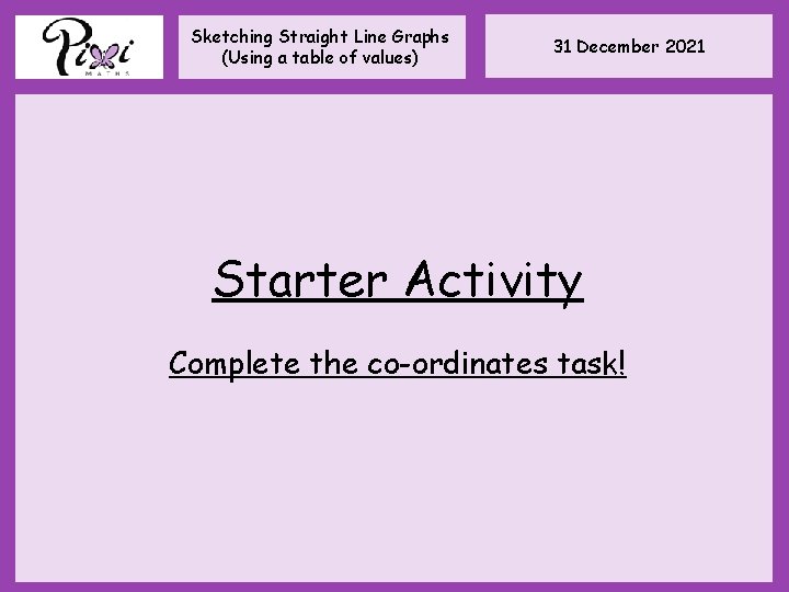 Sketching Straight Line Graphs (Using a table of values) 31 December 2021 Starter Activity