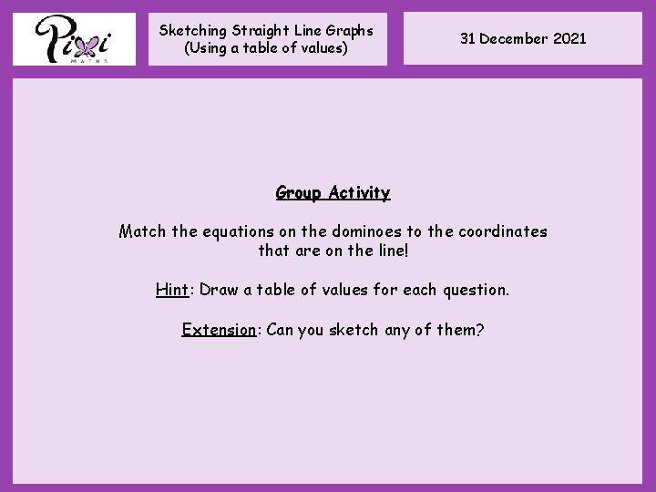 Sketching Straight Line Graphs (Using a table of values) 31 December 2021 Group Activity