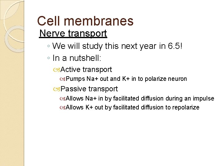 Cell membranes Nerve transport ◦ We will study this next year in 6. 5!
