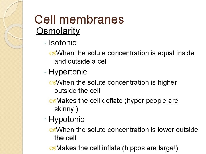 Cell membranes Osmolarity ◦ Isotonic When the solute concentration is equal inside and outside