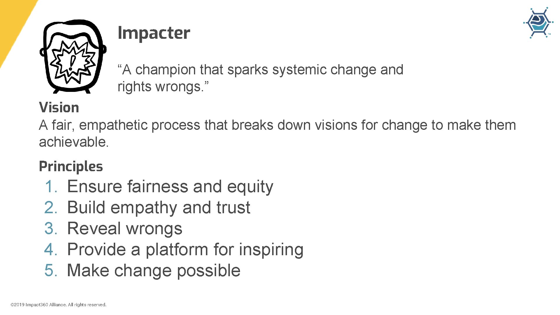 Impacter “A champion that sparks systemic change and rights wrongs. ” Vision A fair,