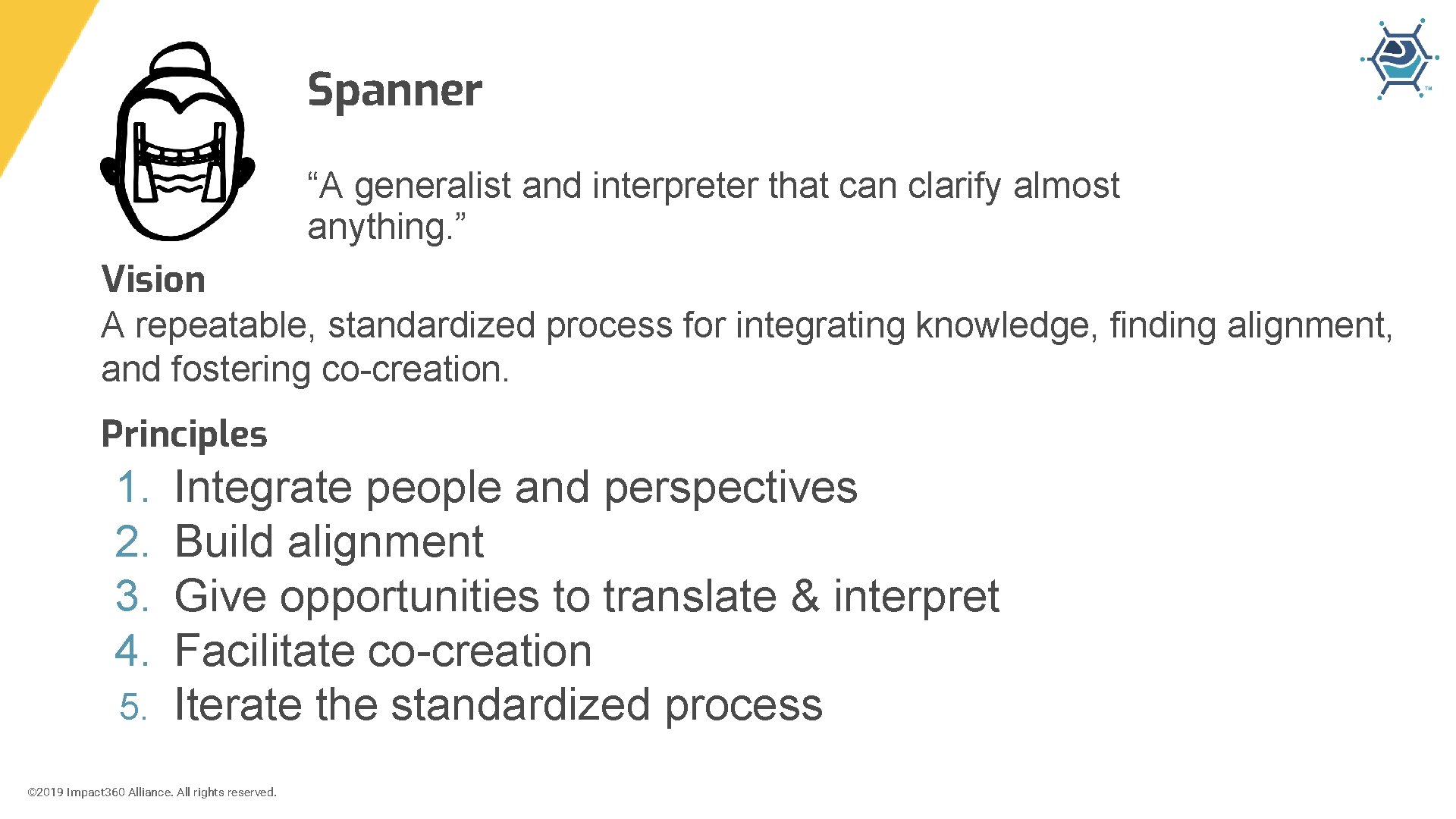 Spanner “A generalist and interpreter that can clarify almost anything. ” Vision A repeatable,