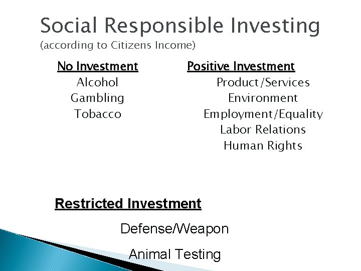 Social Responsible Investing (according to Citizens Income) No Investment Alcohol Gambling Tobacco Positive Investment Social Responsible Investing (according to Citizens Income) No Investment Alcohol Gambling Tobacco Positive Investment