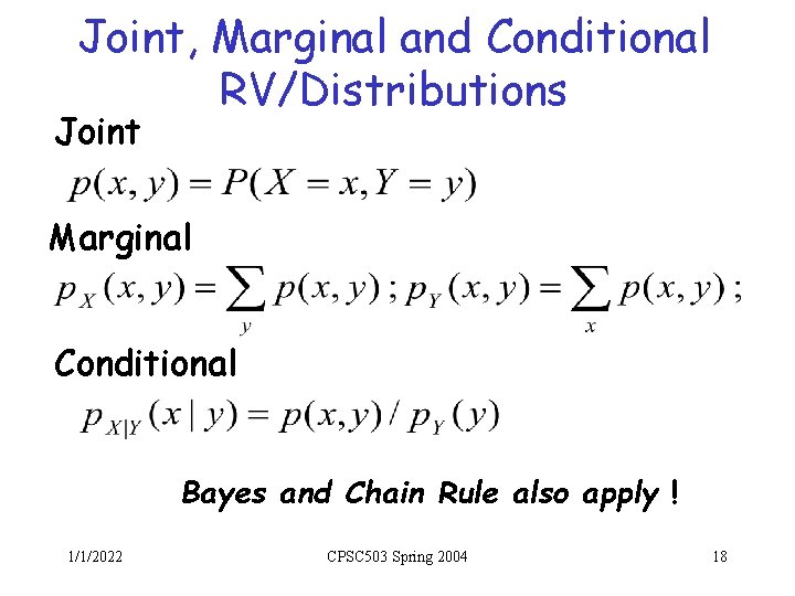 Joint, Marginal and Conditional RV/Distributions Joint Marginal Conditional Bayes and Chain Rule also apply