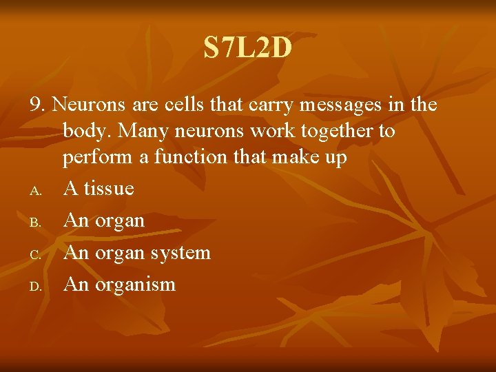 S 7 L 2 D 9. Neurons are cells that carry messages in the