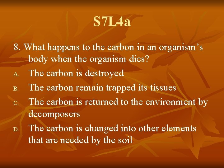 S 7 L 4 a 8. What happens to the carbon in an organism’s