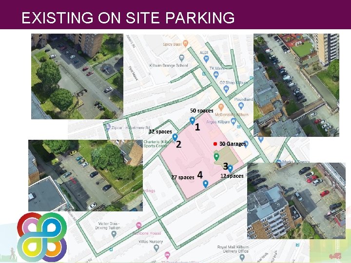 EXISTING ON SITE PARKING 50 spaces 32 spaces 27 spaces . 30 Garages 12