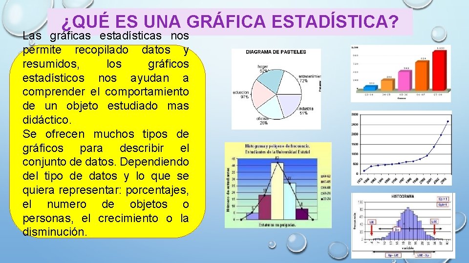 ¿QUÉ ES UNA GRÁFICA ESTADÍSTICA? Las gráficas estadísticas nos permite recopilado datos y resumidos,