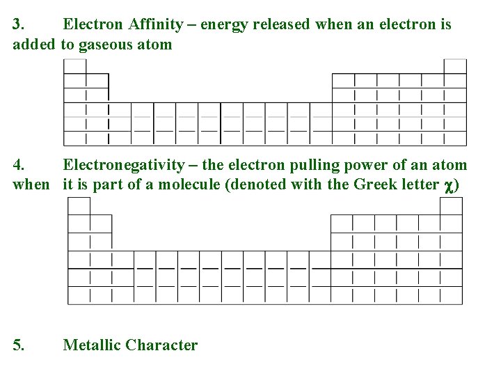 3. Electron Affinity – energy released when an electron is added to gaseous atom