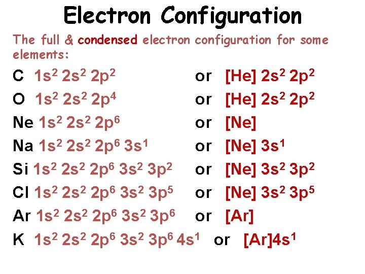 Electron Configuration The full & condensed electron configuration for some elements: C 1 s