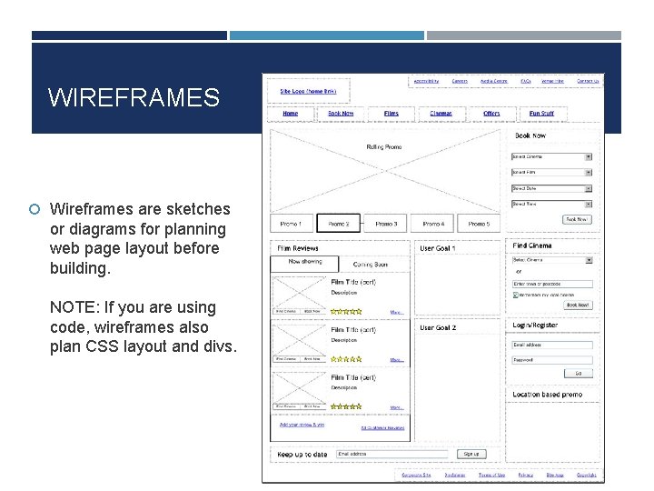 WIREFRAMES Wireframes are sketches or diagrams for planning web page layout before building. NOTE: