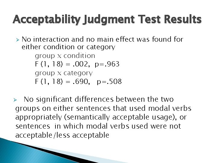 Acceptability Judgment Test Results Ø No interaction and no main effect was found for