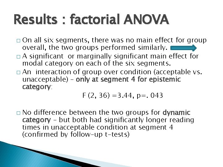Results : factorial ANOVA On all six segments, there was no main effect for
