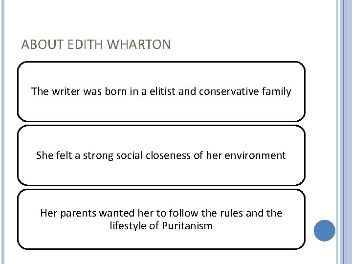 ABOUT EDITH WHARTON The writer was born in a elitist and conservative family She