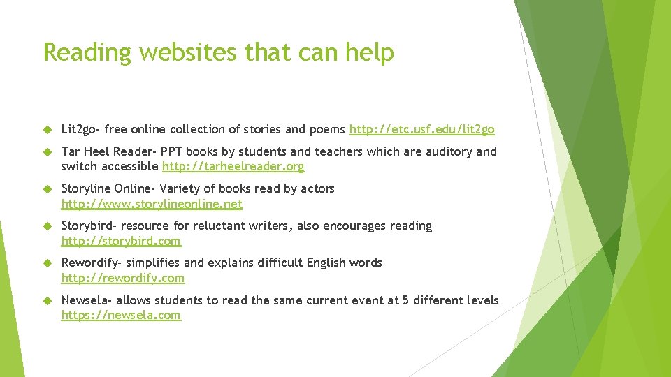 Reading websites that can help Lit 2 go- free online collection of stories and