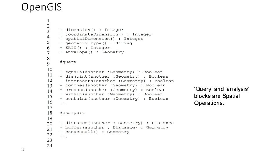 Open. GIS ‘Query’ and ‘analysis’ blocks are Spatial Operations. 17 