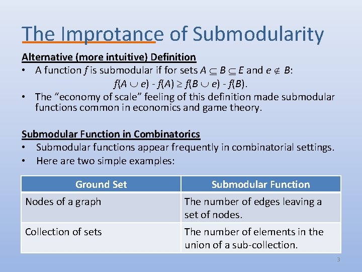 The Improtance of Submodularity Alternative (more intuitive) Definition • A function f is submodular