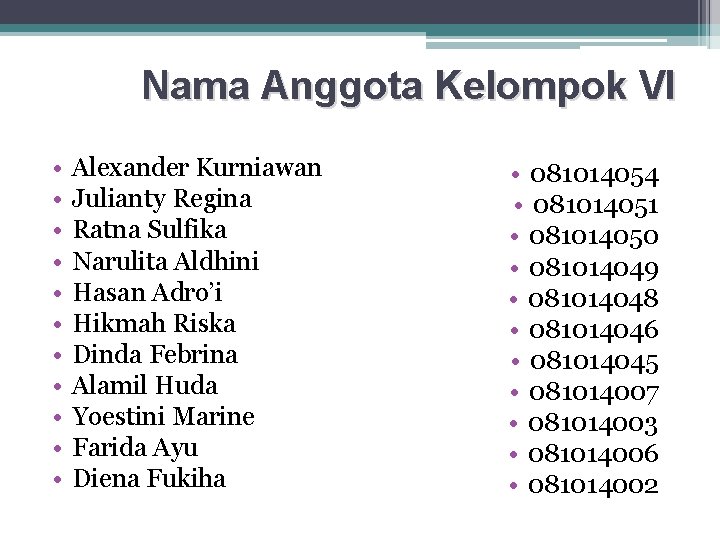 Nama Anggota Kelompok VI • • • Alexander Kurniawan Julianty Regina Ratna Sulfika Narulita