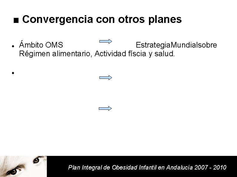 ■ Convergencia con otros planes Ámbito OMS Estrategia. Mundialsobre Régimen alimentario, Actividad físcia y