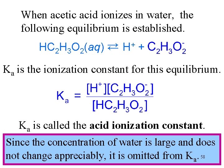 When acetic acid ionizes in water, the following equilibrium is established. HC H O